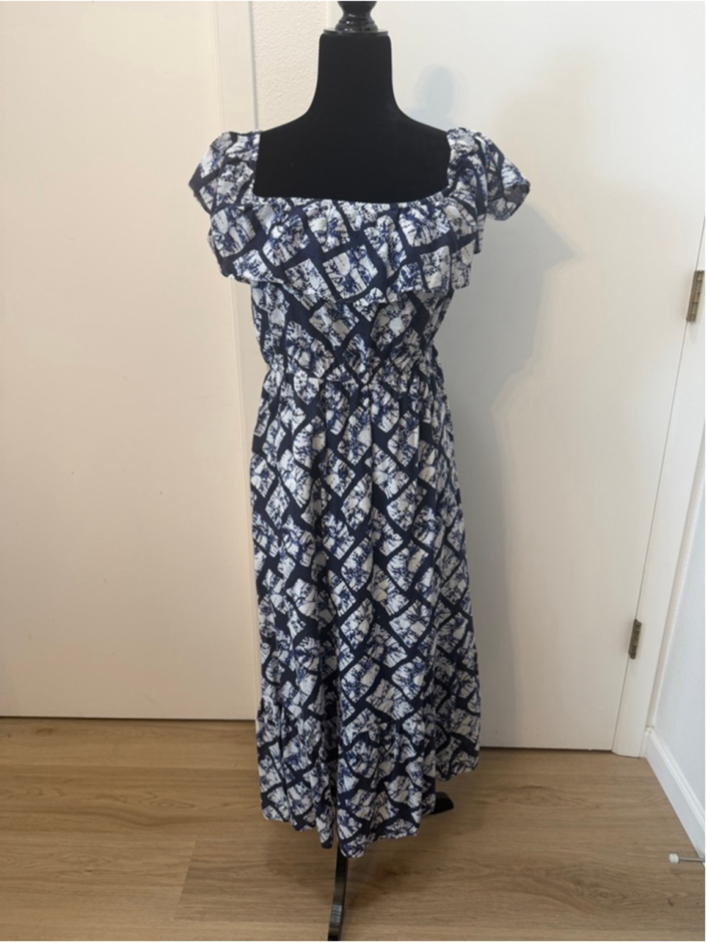 Grace Elements L Blue White Maxi Dress Off Shoulder Ruffle Cotton Boho Cottage